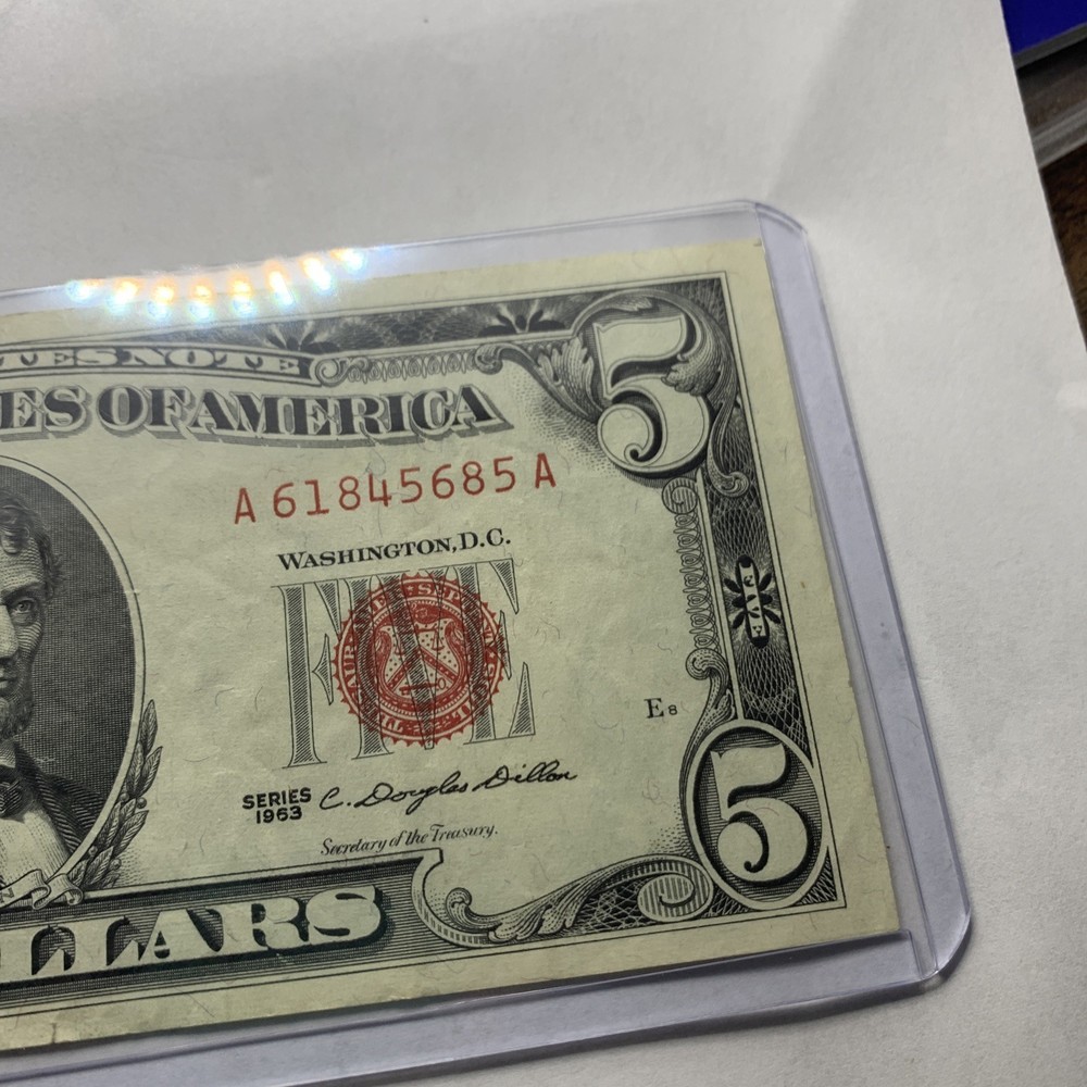 1963 $5 dollar red seal note A61845685a