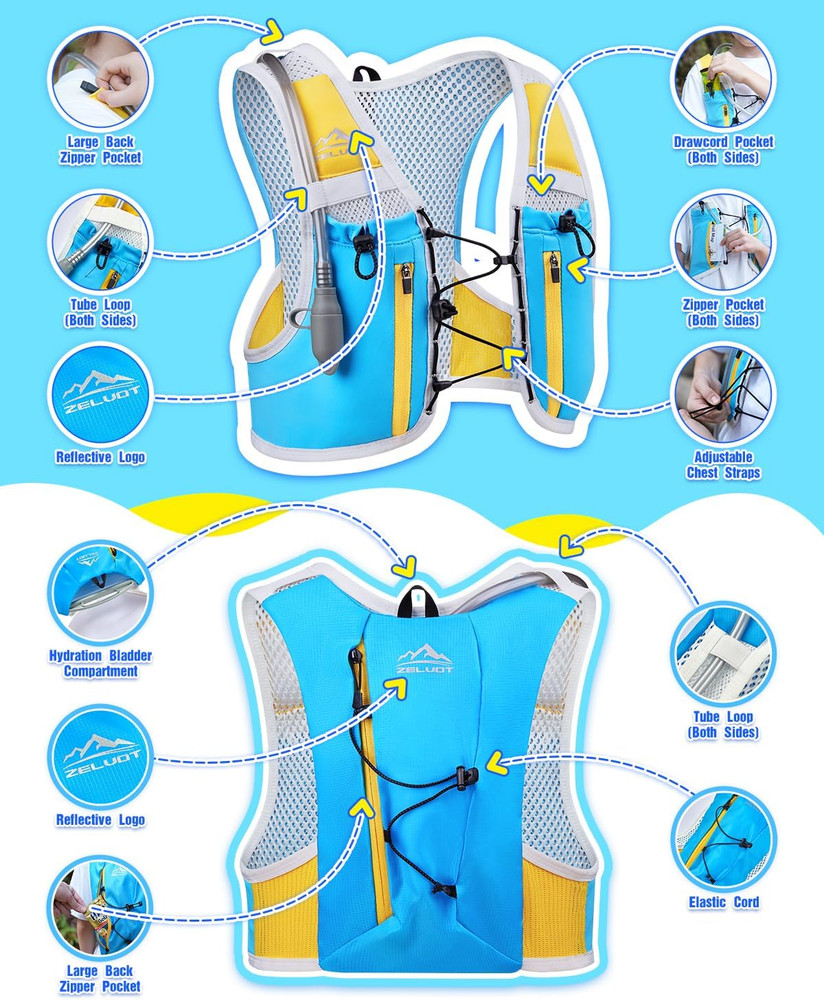 Kids Hydration Backpack with Water Bladder, USA Original Patent, Adjustable Refl