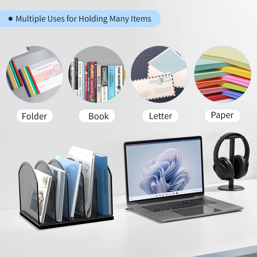 5-Section Vertical Desktop Organizer, 5-Section Mesh File Folder Stand Sorter...
