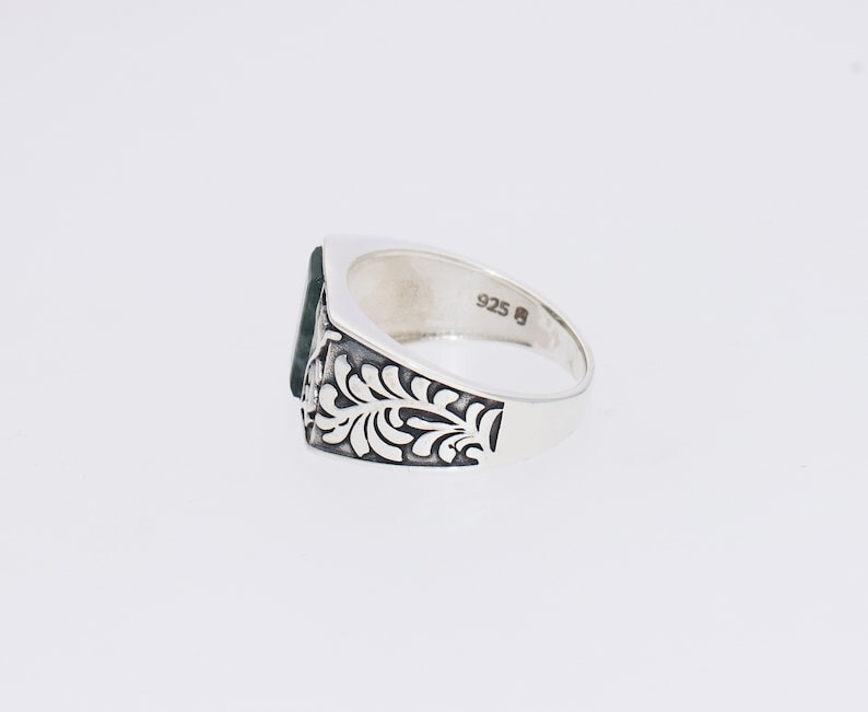 Natural Moss Agate Men's Ring Solid 925 Sterling Silver Ring Signet Ring