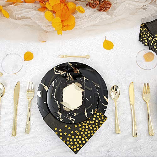 N9R 225pcs Gold Plastic Plates, Disposable Dinnerware Set Include 25 Black
