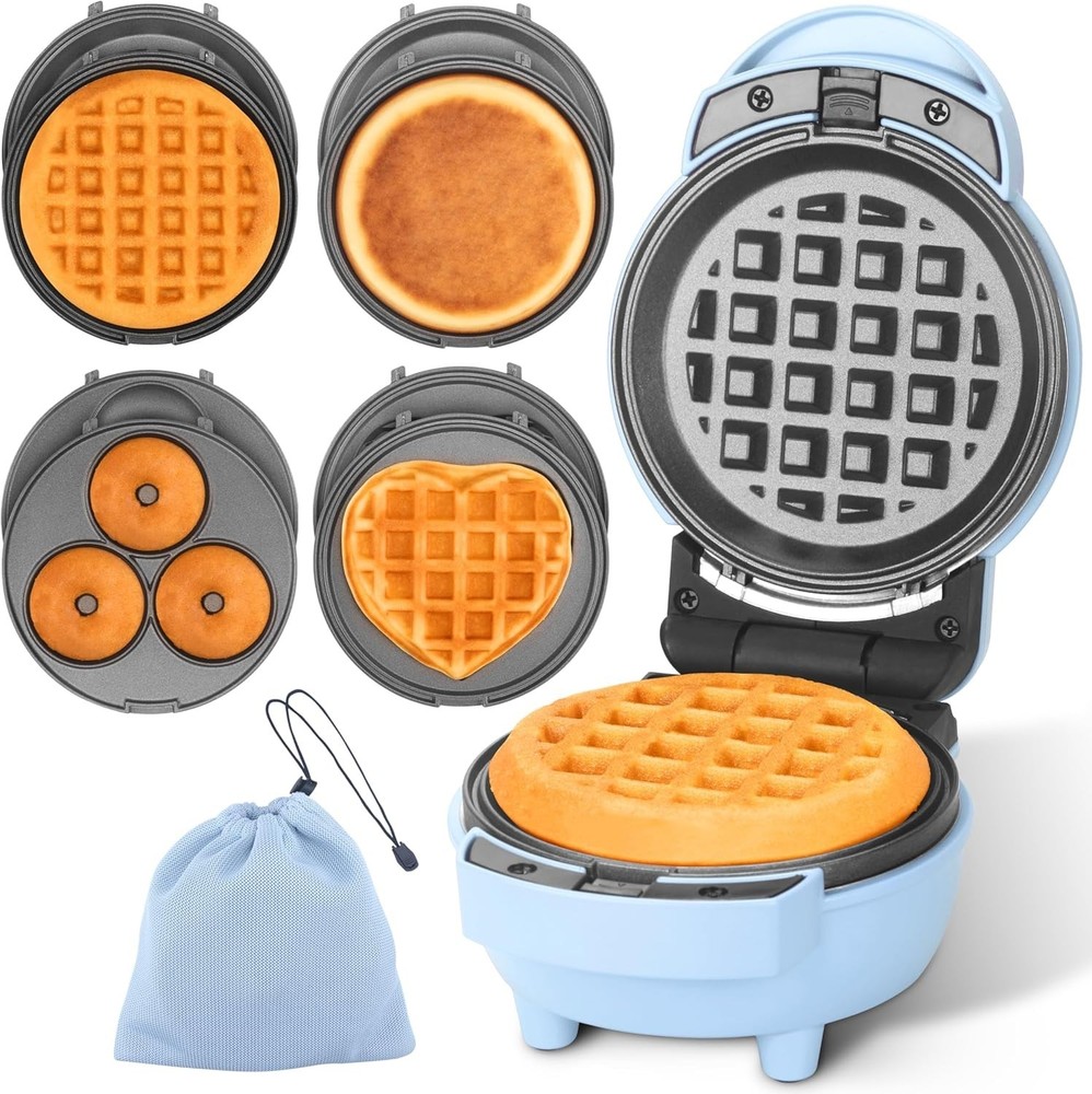 4 in 1 Mini Waffle Maker with Removable Plates, Set Includes Mini Pancake, Do...