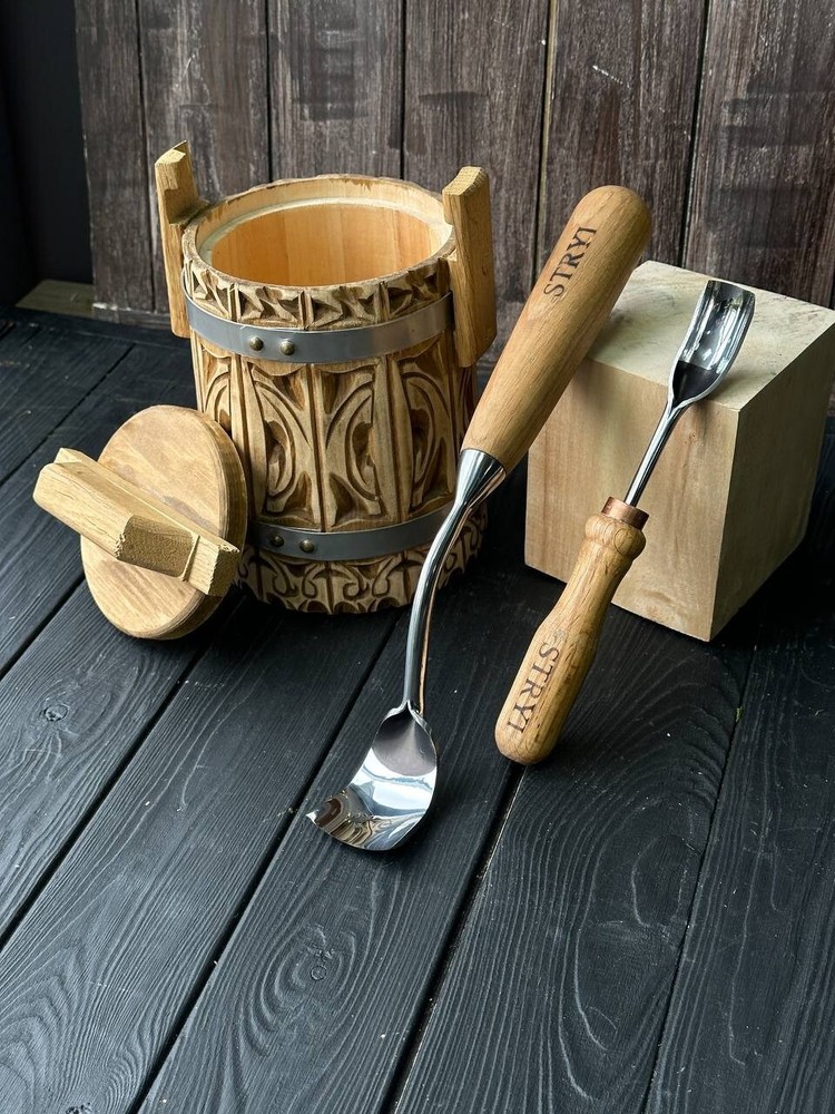 Set of large bent gouges for bowl and kuksa carving, Carbon steel spoon gouges