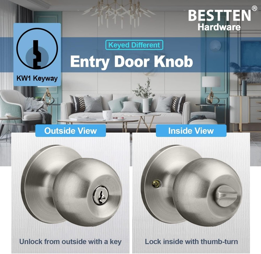 Elegant Satin Nickel 2 Pack Entry Door Knobs – Keyed Differently for Security