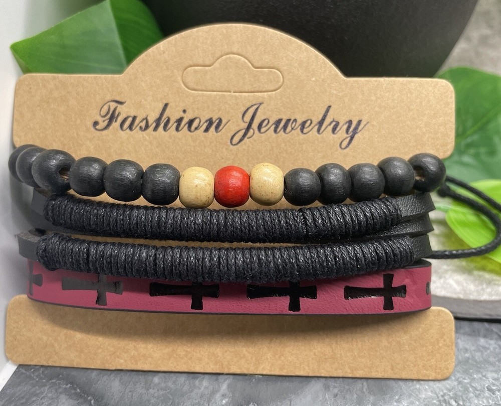 3 PC Wood Bead PU Leather Bracelet Stackable Adjustable Tie New Cross B3629