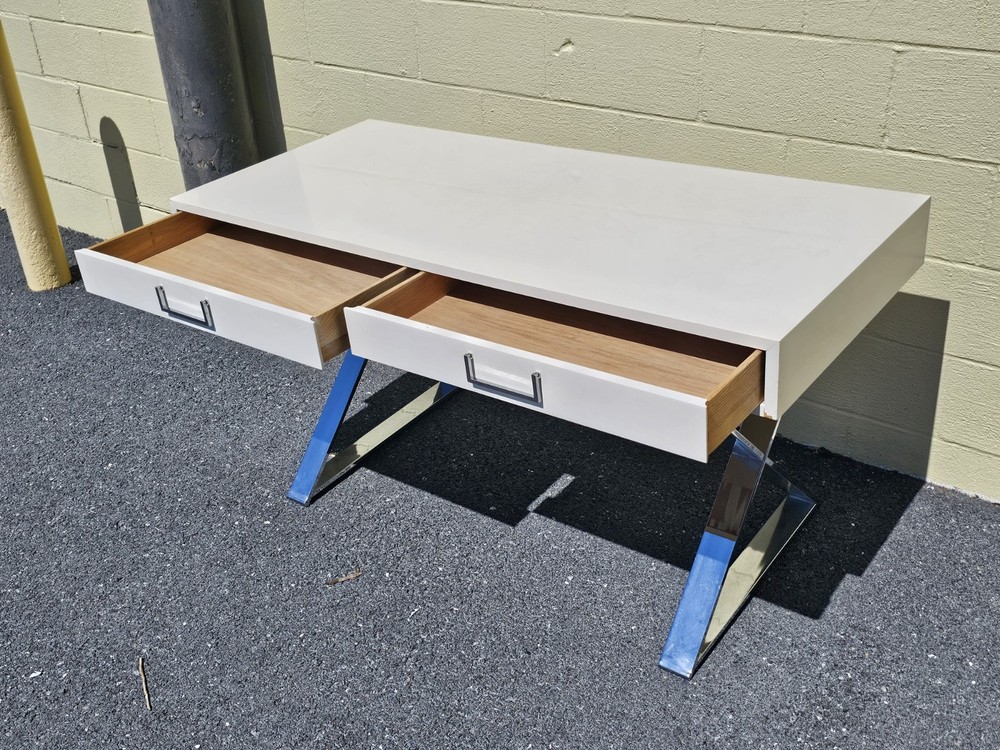 MCM Milo Baughman? Style Campaign Writing Desk White Lacquer & X Chrome Base
