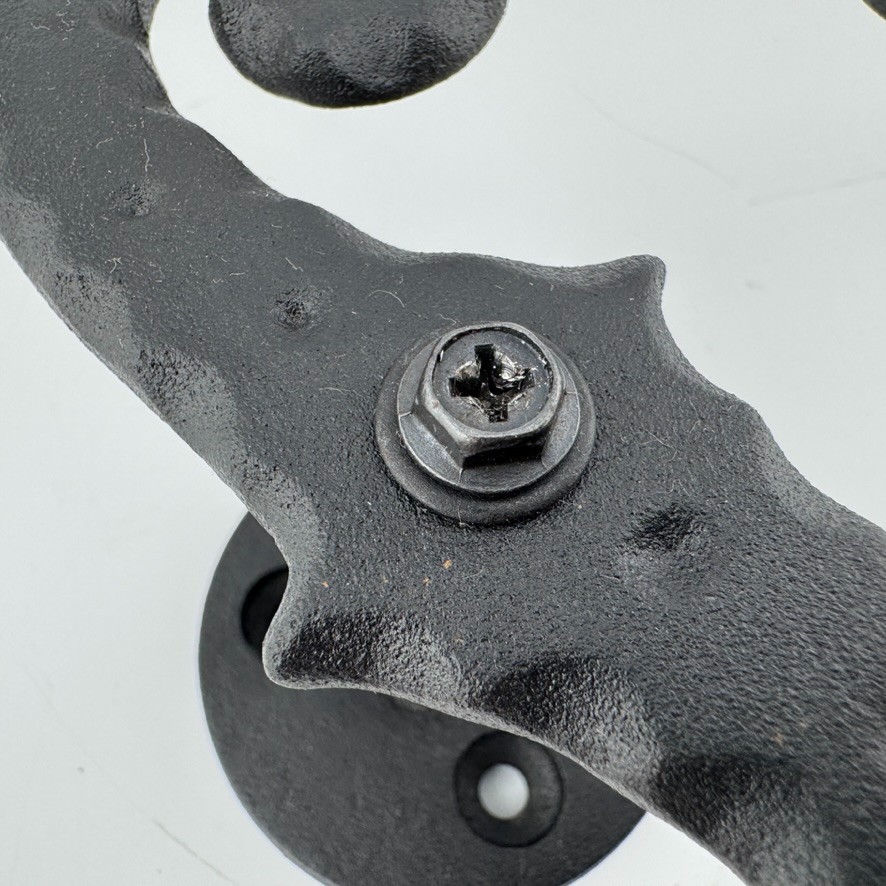 1 Pair - Black Galvanized Iron Scroll Post Mount Shutter Dogs w/ Hammered Edge