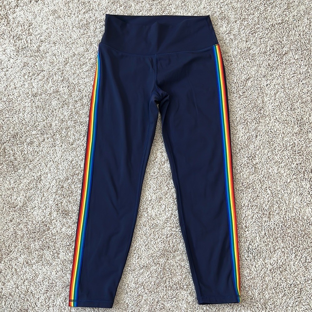 Zyia Medium Rainbow Stripe Multicolor Crop Leggings Navy Blue