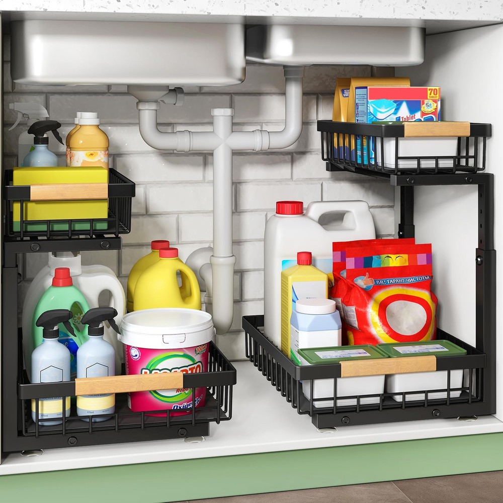 Kitstorack Under Sink Organizer, 2 Tier the Storage, 2 Pack, Black