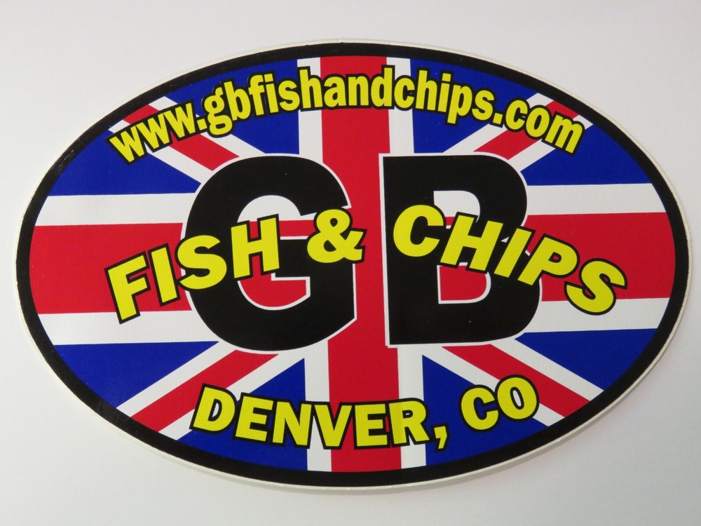 STICKER ~ Great Britain ~ GB Fish & Chips ~ Denver, Colorado ~ In Cod We Trust