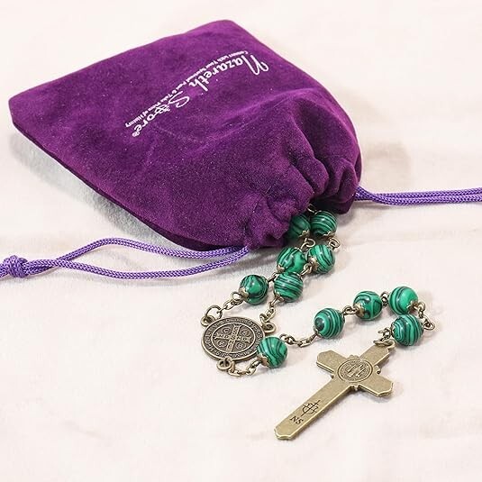 Natural Malachite Stone Rosary Beads Necklace St. Benedict Cross and Medal
