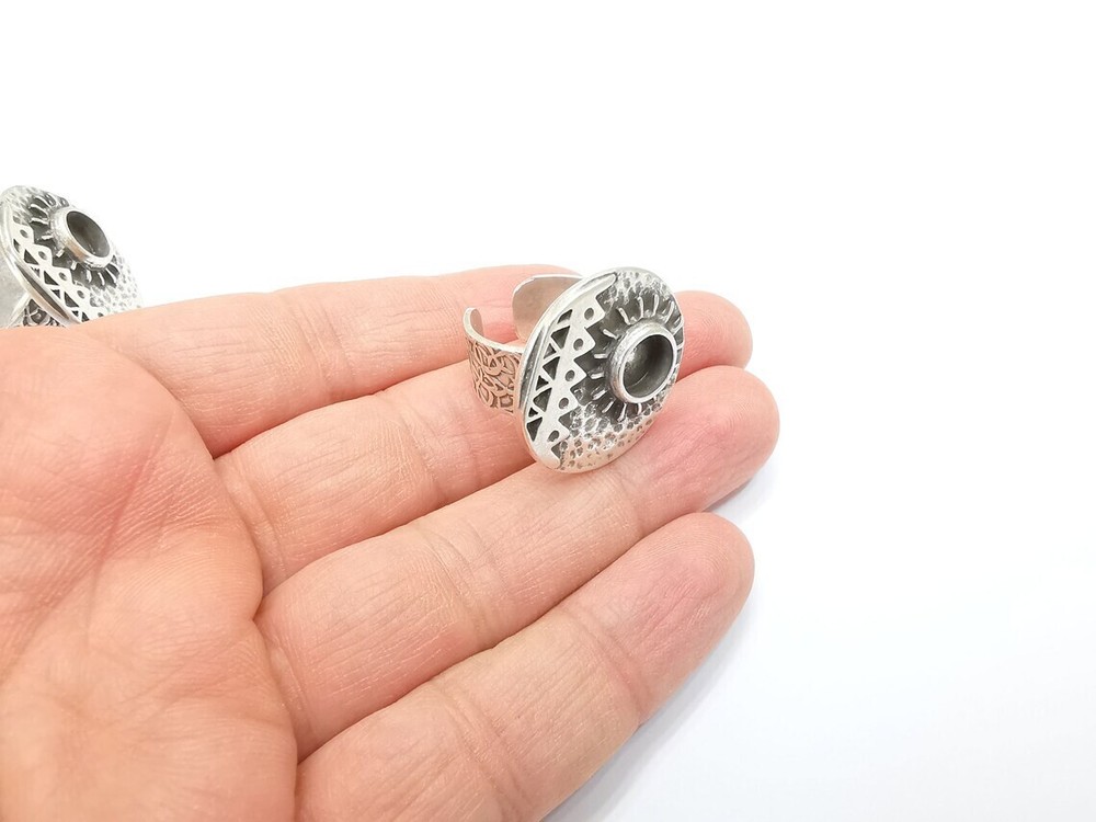 Sun Motif Ring Blank Setting, Cabochon Mounting, Adjustable Resin Base, Inlay