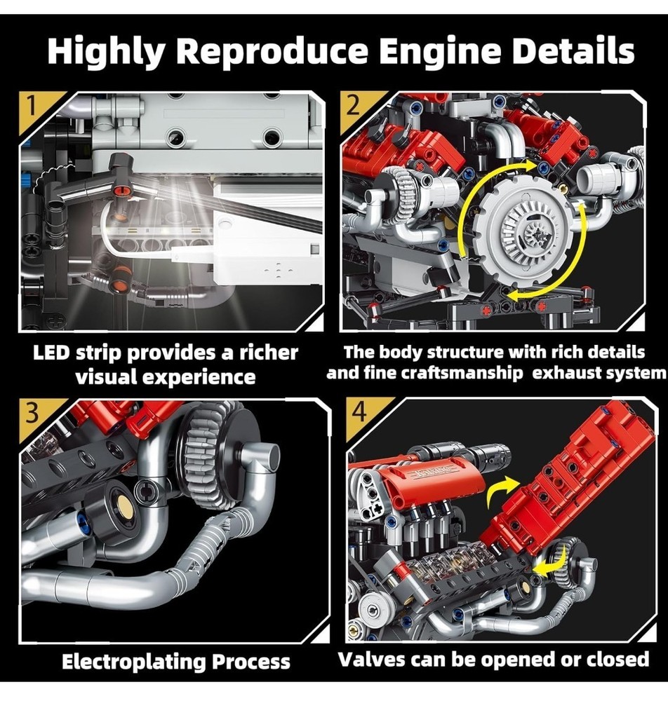 653pc.Mini V8 Engine Building Kit That Runs with LED Light New