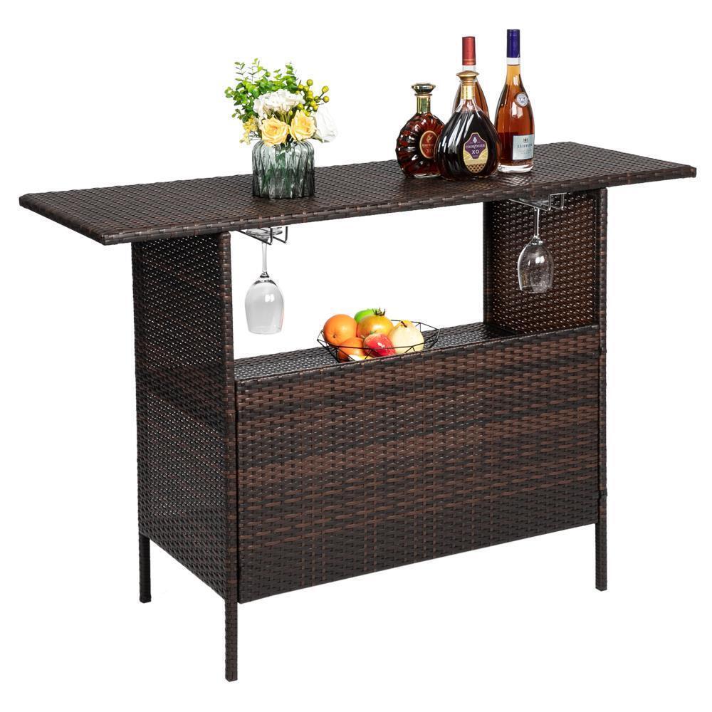 Rattan Wicker Bar Counter Table Patio Dining Table Double Layer Storage Brown