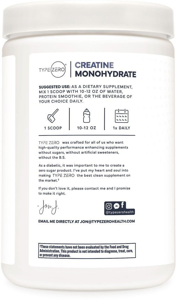 TypeZero Creatine Monohydrate Powder 500 Grams, Blue Raspberry Flavor