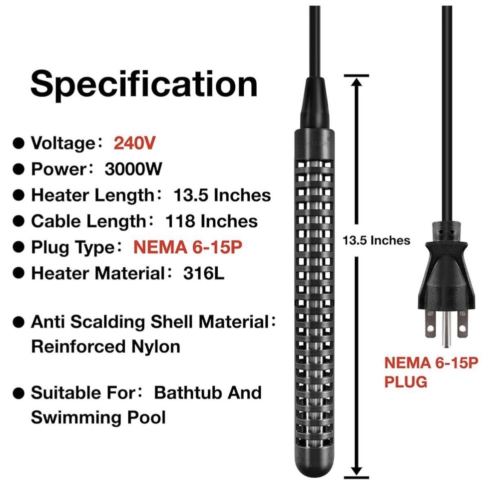 GRILLME X1 240V 3000W Bathtub & Swimming Pool Water Heater 100% Waterproof