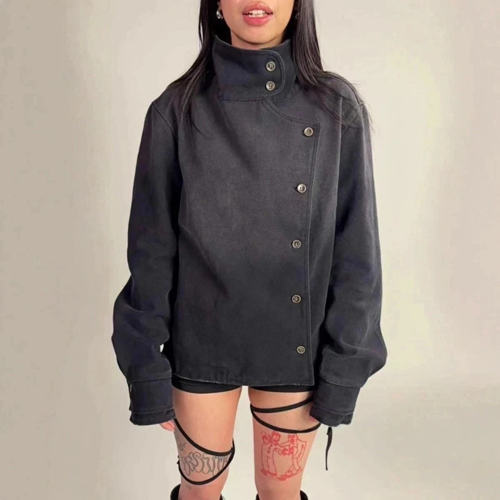 Black Denim Fencing Mock Neck Jacket High Collar Side Button Cropped Structured