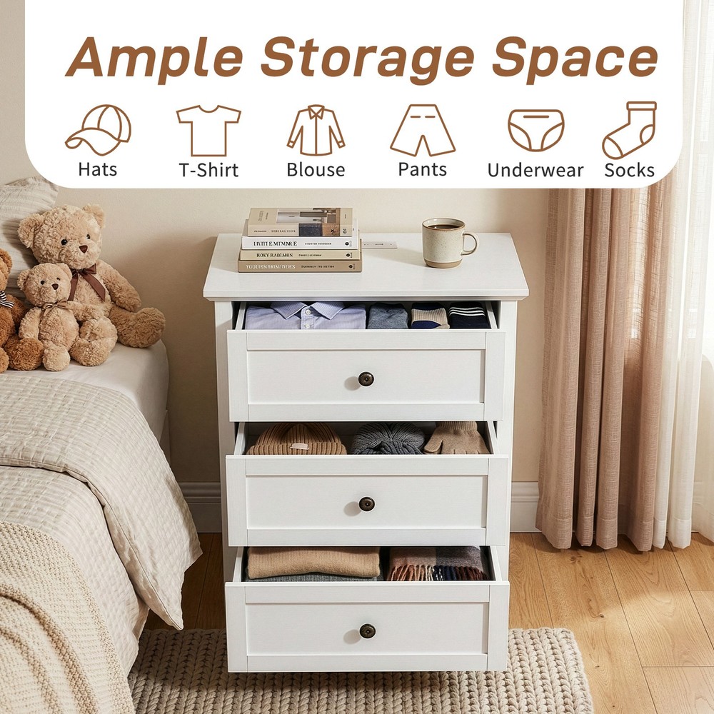 White P2 MDF Particleboard with Melamine Veneer Three-drawer Bedside Table