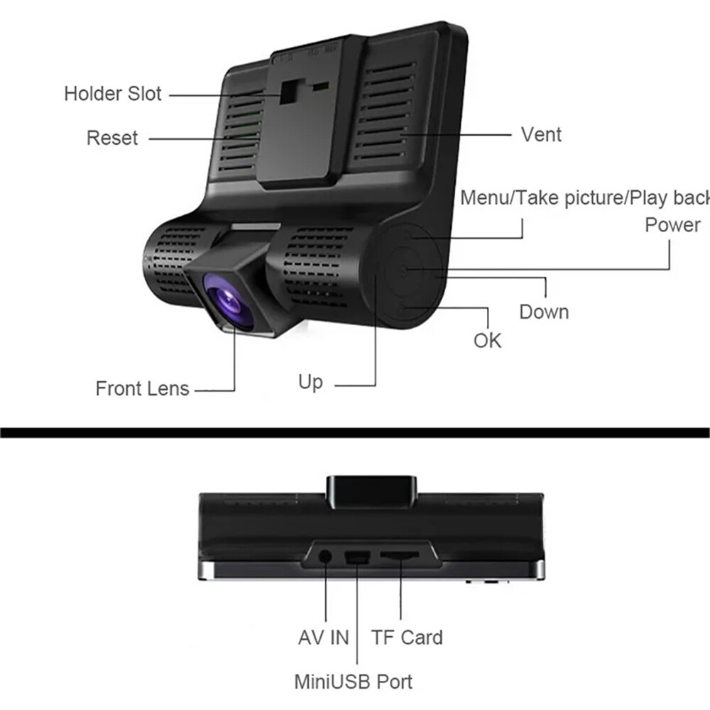 1080P 3 Lens Car Dash Cam Recorder G Sensor DVR Front/Rear/Inside Camera Video
