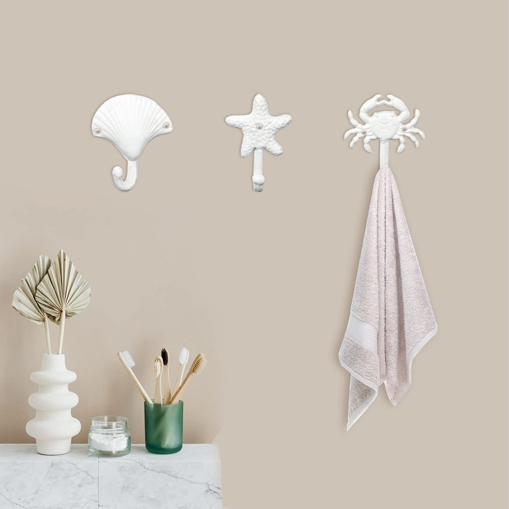 Starfish Seashell Crab Decorative Wall Hooks, 3PCS Beachy Themed Cast Iron Co...