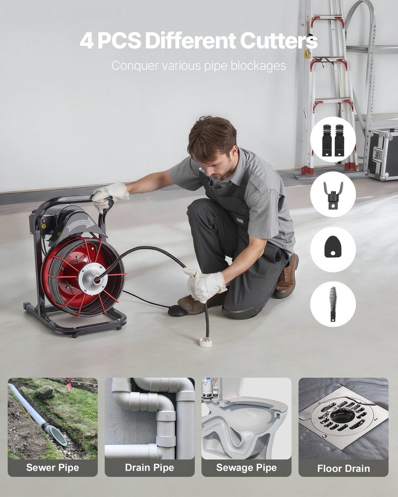 Drain Cleaning Machine w/ 75ft Cable, 4 Cutters, Foot Switch