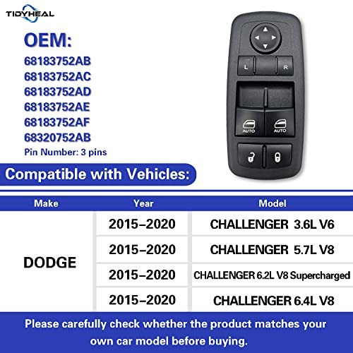 Master Power Window Switch Driver Side for 2015-2020 Dodge Challenger (Double