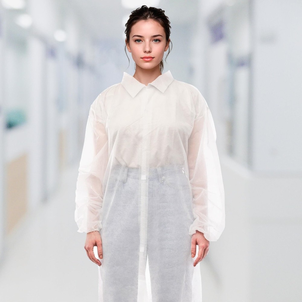 25 White 42gm Polypropylene Lab Coats Small Size No Pockets Snap Front Elastic