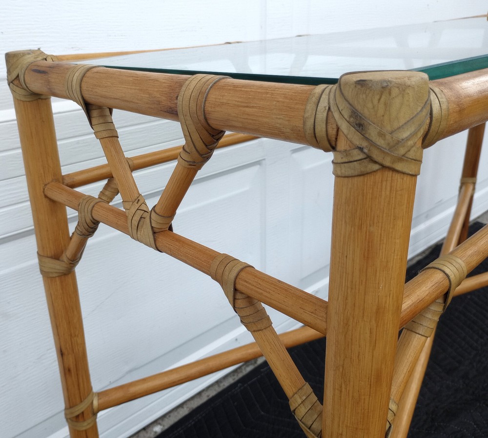 Vintage Mid Century Leather Wrapped Console Table Glass Top