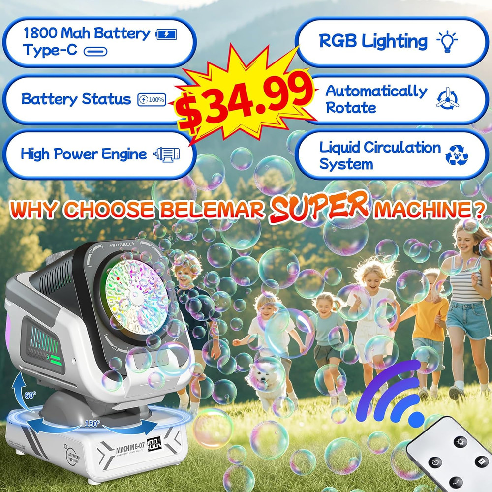 2025 Upgraded Bubble Machine with Remote Control, Automatic Rotation & RGB Light