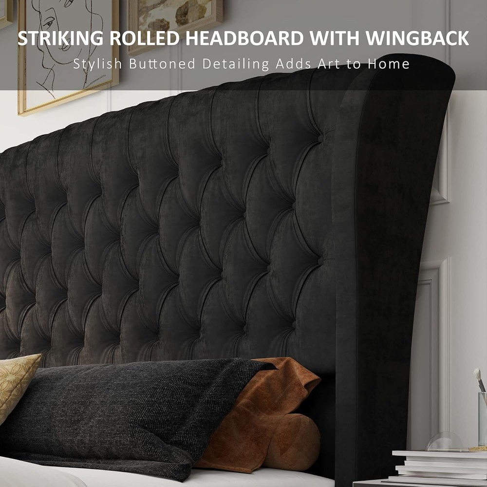 Queen Platform Bed Frame, Chenille Upholstered Sleigh Bed w/Tufted Wingback