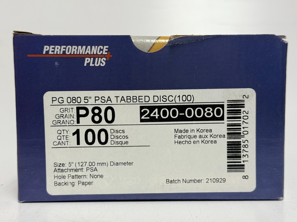PERFORMANCE PLUS PSA TABBED 5" SANDING DISC, 80 GRIT, 100 DISC PER BOX, NEW