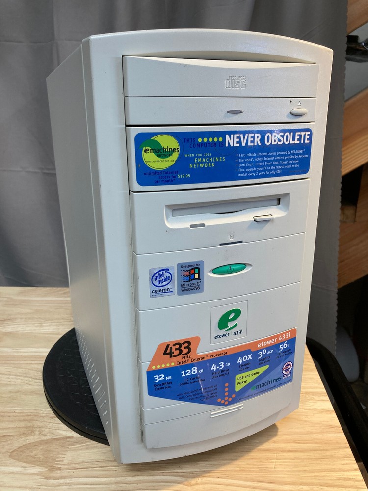 Emachines e-tower 433i NEVER OBSOLETE Desktop PC 32MB RAM + Windows 98 SE