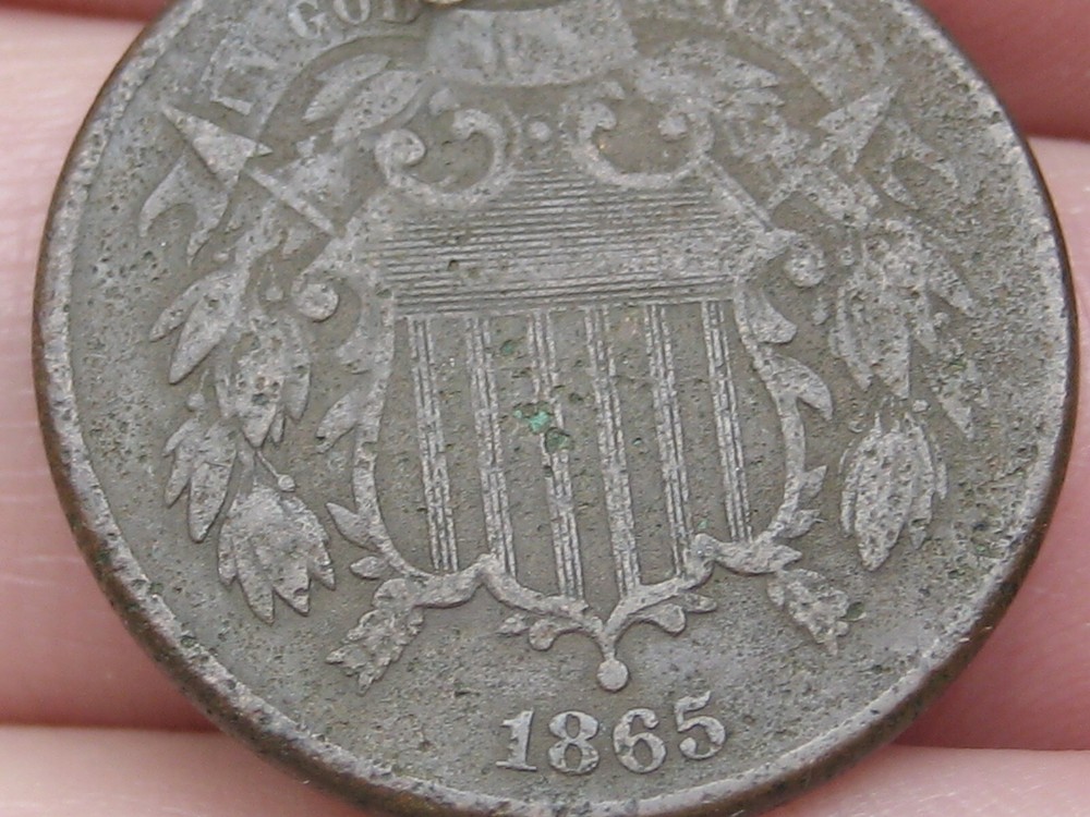 1865 Two 2 Cent Piece- Fancy 5, VF Details