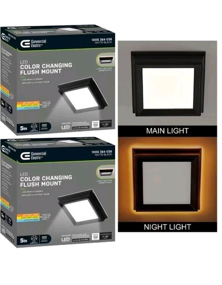 Low Profile 5" Matte Black Square LED Flush Mount w Night Light Feature 2 Pack!