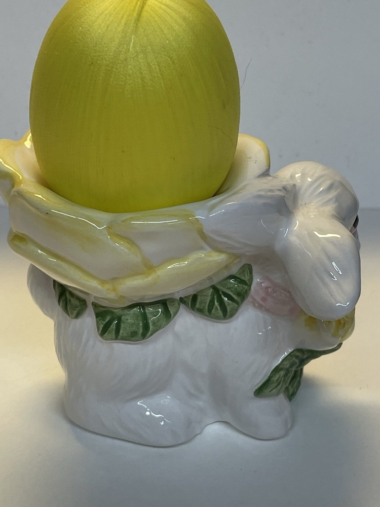 VTG Easter Bunny Rabbit Ceramic Egg Cup Holder Flower Pink Bow EUC 20% Off