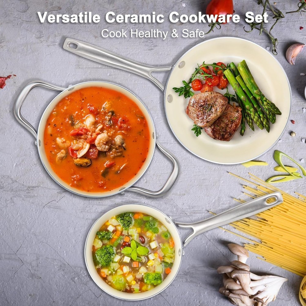 Pots and Pans Set, 7 Piece Nonstick Ceramic Cookware Set, Kitchen Induction C...