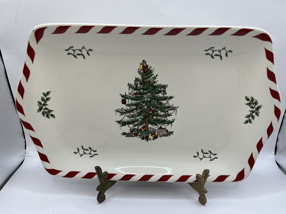 SPODE Christmas Tree Peppermint Dessert Cookie Platter Rectangle 7”x12”