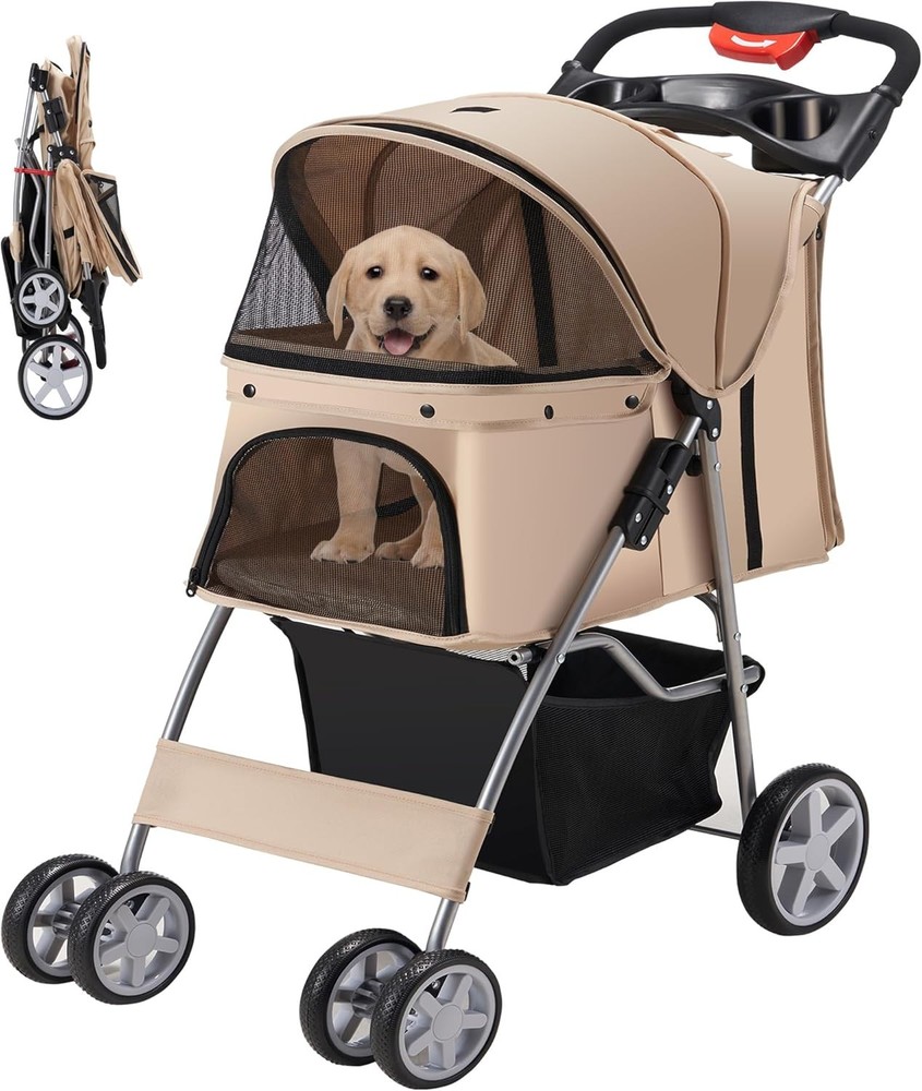 Foldable Pet Stroller 4 Wheels Strolling Cart for Medium/Small Dogs Cats