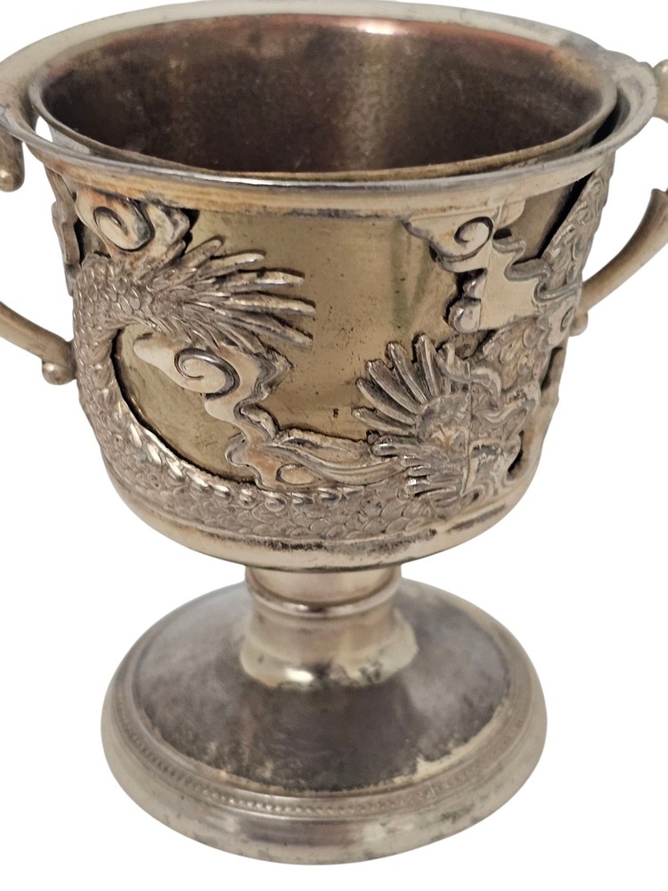 Double Handled Dragon Goblet Cup Small Chalice Silver Tone