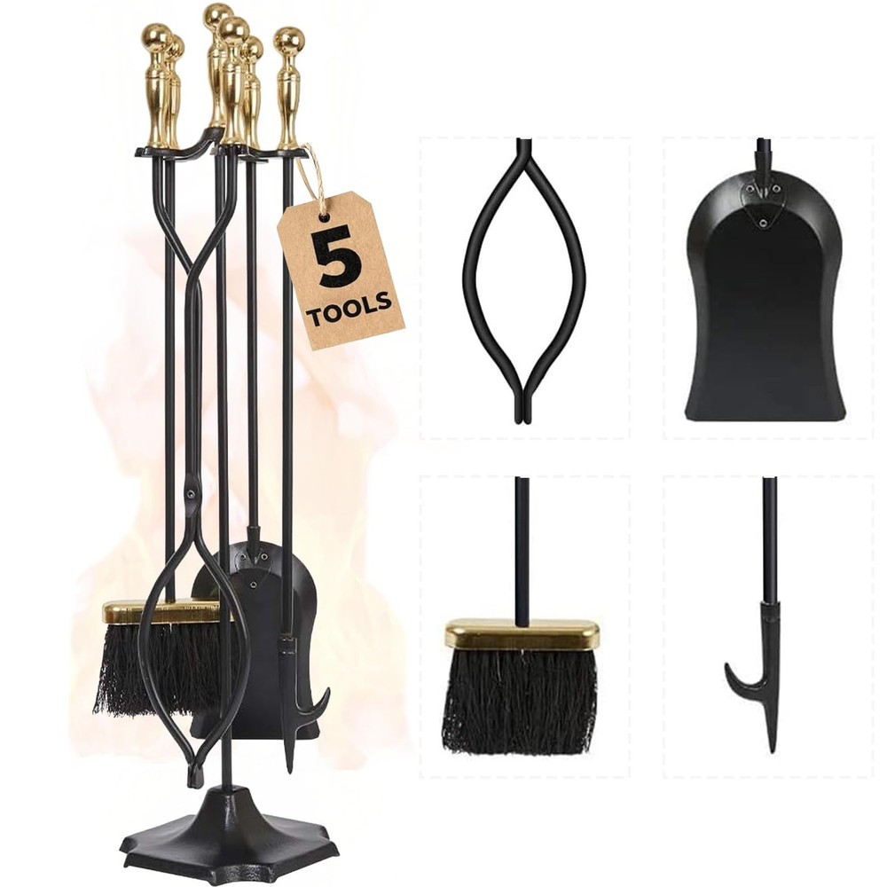 Fireplace Tools Set 5 Pieces Log Gold Handle Wrought Iron with Stand Holder
