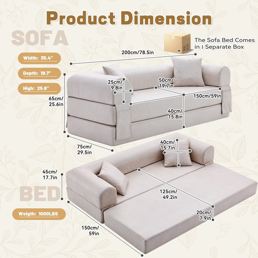 78.5" Convertible Sofa Bed,Modern Faux Leather Sofa Pull Out Folding Floor Couch