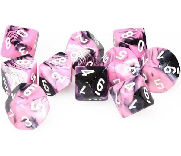 D10 GEMINI DICE, BLACK-PINK/WHITE numbers 10CT