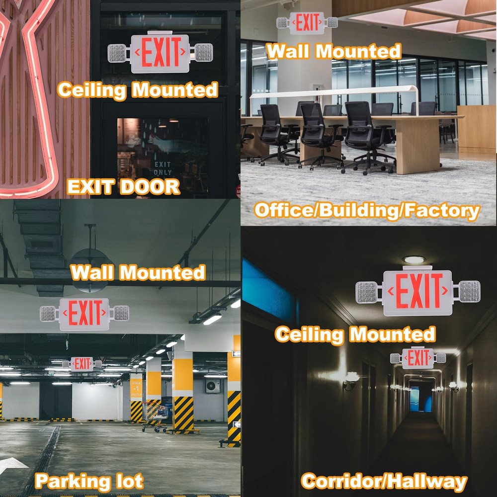 Red Exit Sign with Emergency Lights, 200Lm 3Hours Plug in Exit Sign Battery Back