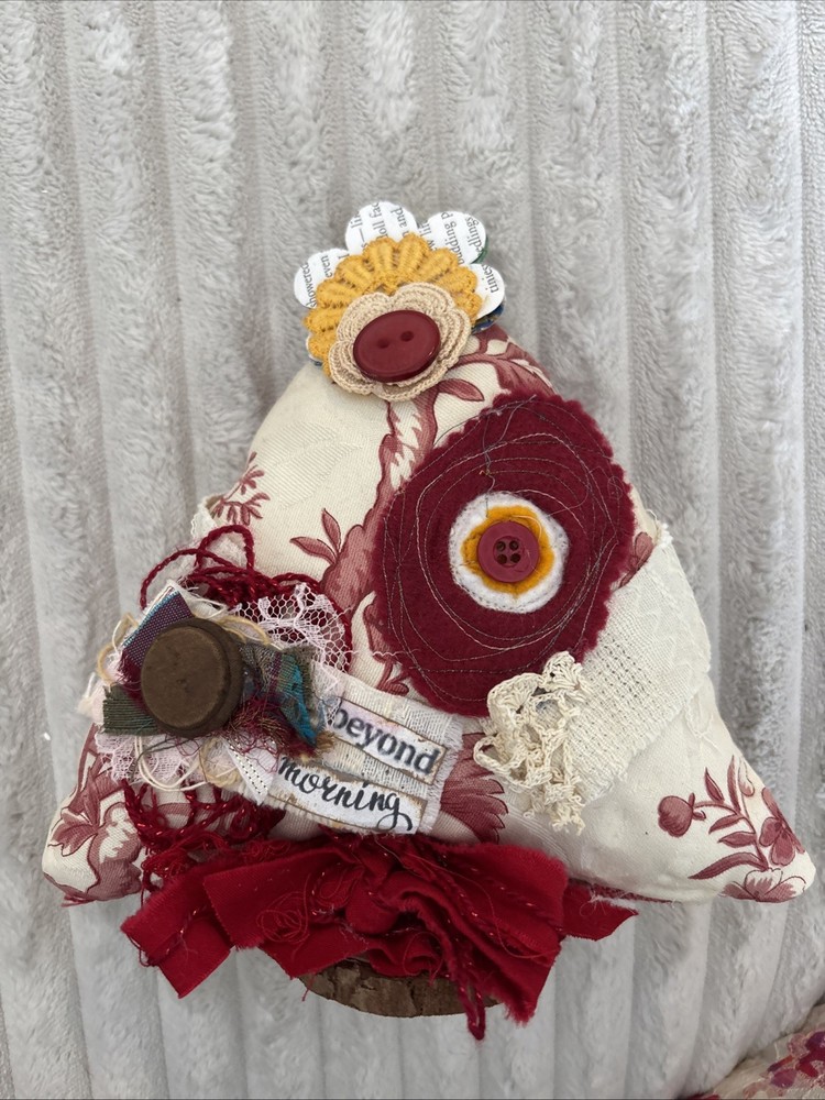 Embellished Tree Handmade Decor Mini Boho Eclectic Collage In Reds Cottage 8”