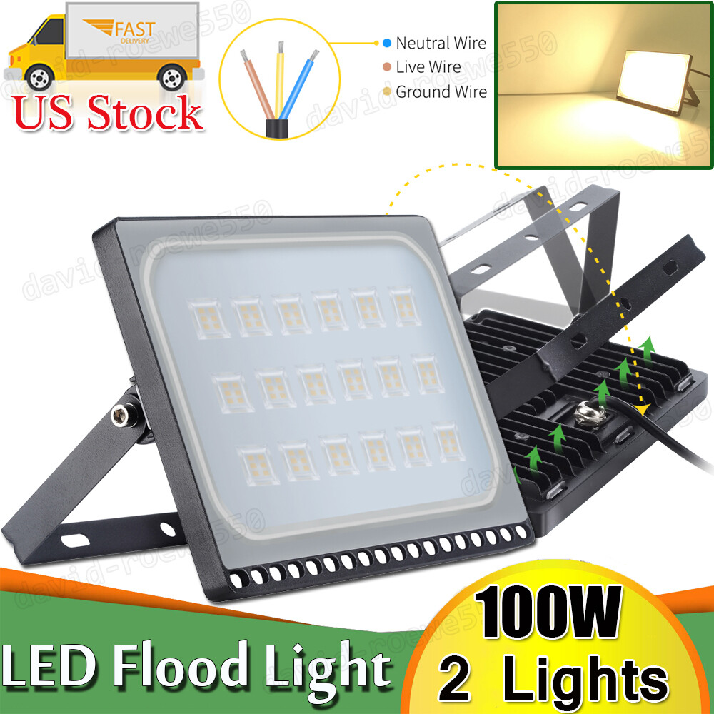 2X 100W LED Flood Light OutSideWork Light 3000K White Light Security Spotlight