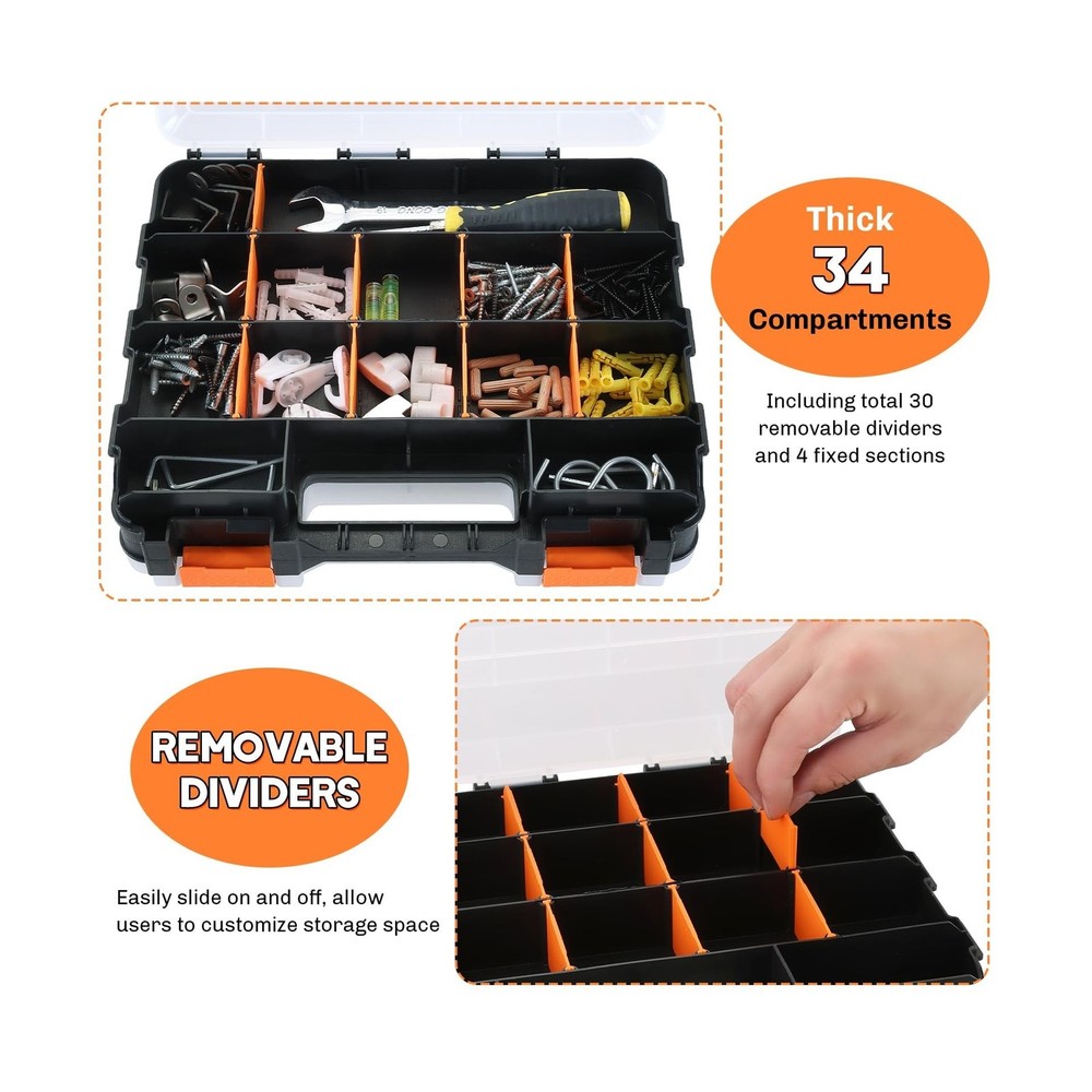 Small Parts Organizer | Storage Case Tools Box Organizer 34-Compartments Doub...