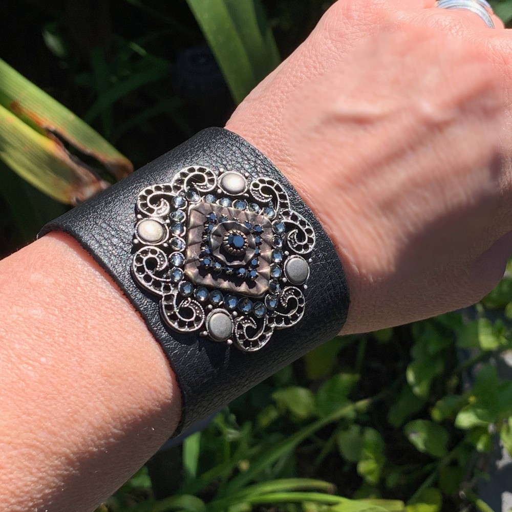 Deluxe Stones on Black Leather 2 Inch Cuff