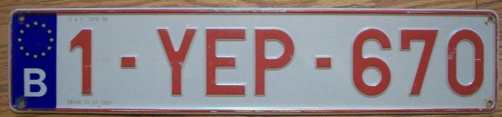 SINGLE BELGIUM LICENSE PLATE - 1-YEP-670