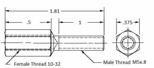Thread adapter, 10-32 Female thread, M5x.8 Male thread