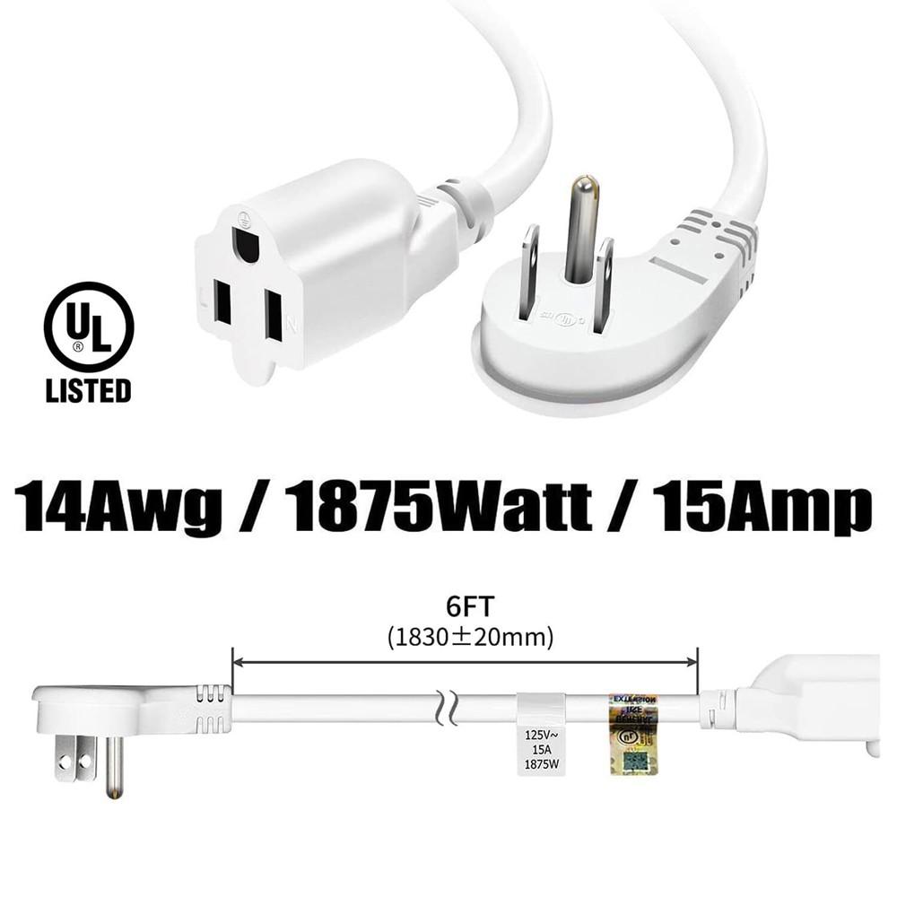 FIRMERST 6 Ft Flat Plug Extension Cord, 1875W 15A, White, UL Certified